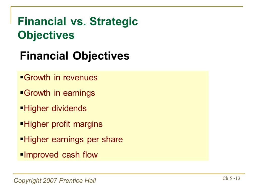 Copyright 2007 Prentice Hall Ch 5 -13 Financial vs. Strategic Objectives Financial Objectives Growth
